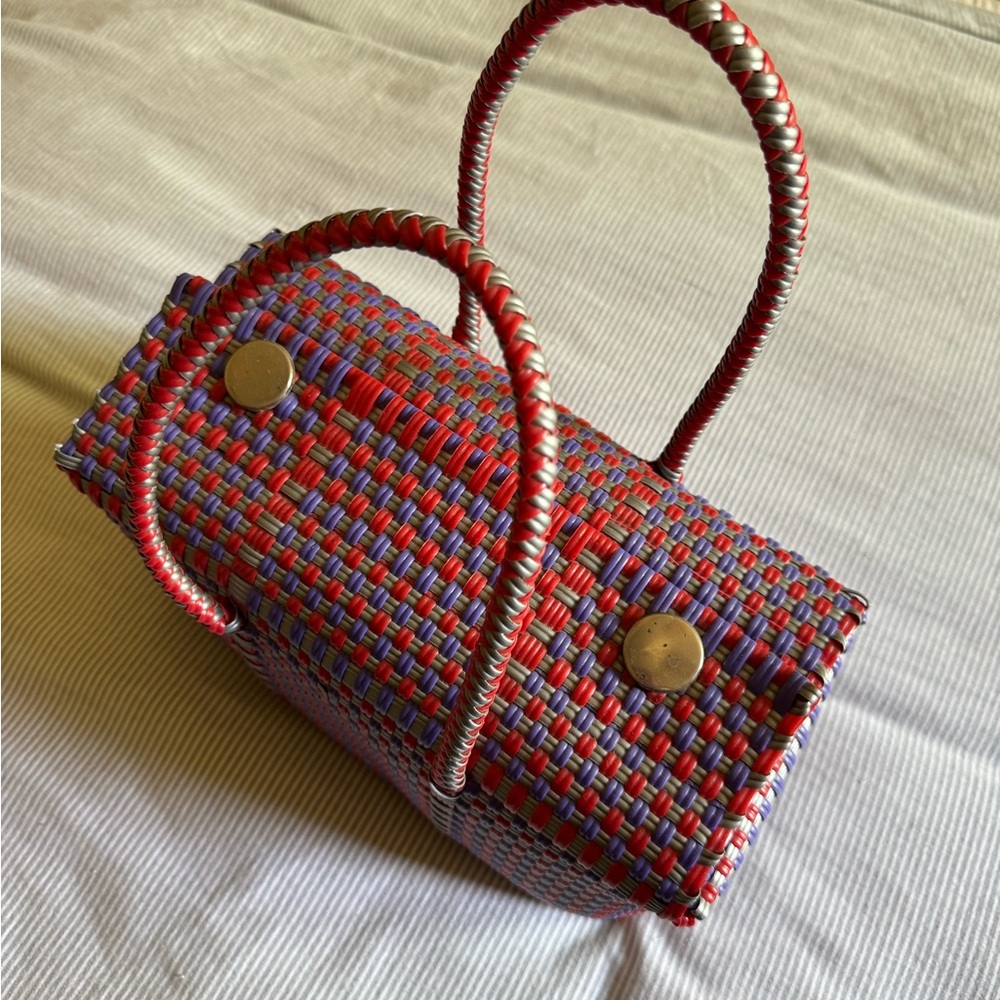 Woven Plastic Multicolor Handbag - Red & Purple